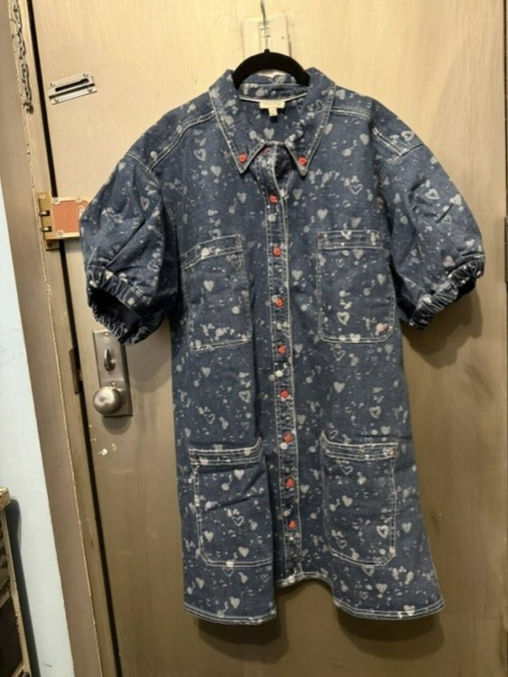 Pilcro Heart Print Denim Button-down Shift Mini Dress with Puff Sleeves - Picture 5 of 16